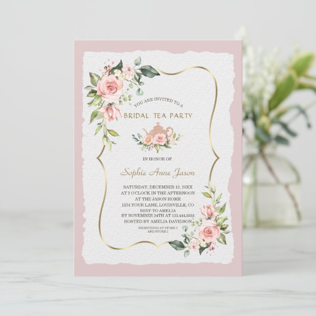  Modern Watercolor Blush Flowers Bridal Tea Party  Invitation (Standing Front)