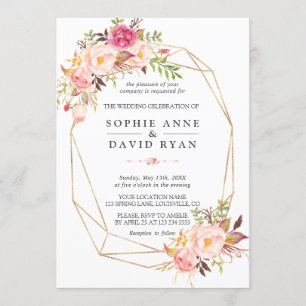 Modern Watercolor Blush Flowers Gold Wedding Invitation