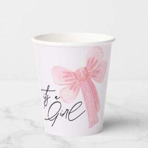 Modern Watercolor Blush Pink Bow Its a Girl Paper Cups