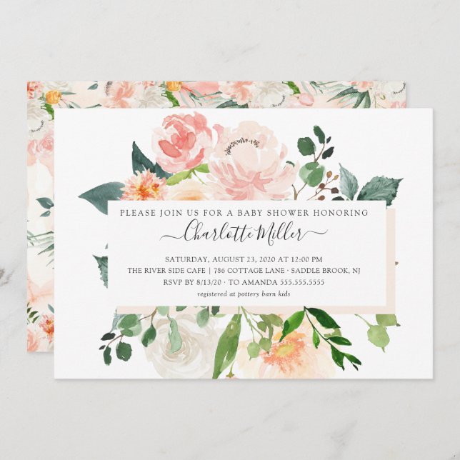 Modern Watercolor Blush Pink Floral Baby Shower Invitation (Front/Back)