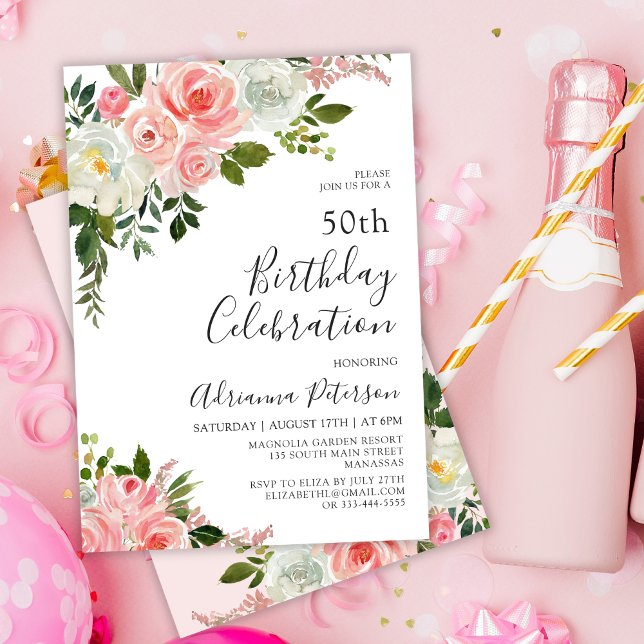 Modern Watercolor Blush Rose Floral 50th Birthday Invitation (Creator Uploaded)