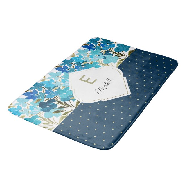 Modern Watercolor Boho Blue Flural Hand-painted Bath Mat (Angled)