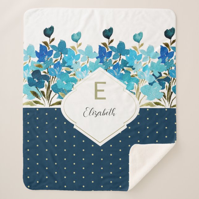 Modern Watercolor Boho Blue Flural Hand-painted Sherpa Blanket (Front)