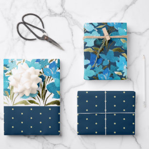 Modern Watercolor Boho Blue Flural Hand-painted Wrapping Paper Sheet