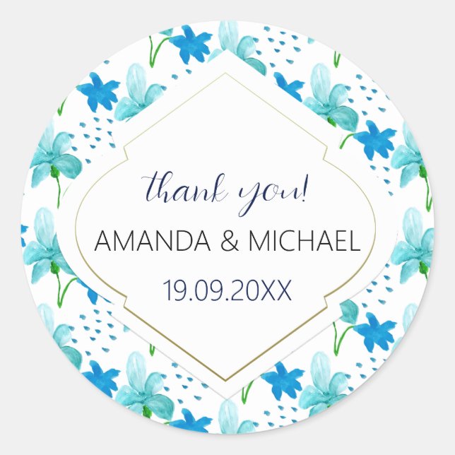Modern Watercolor Boho Iris Blue Abstract Classic Round Sticker (Front)