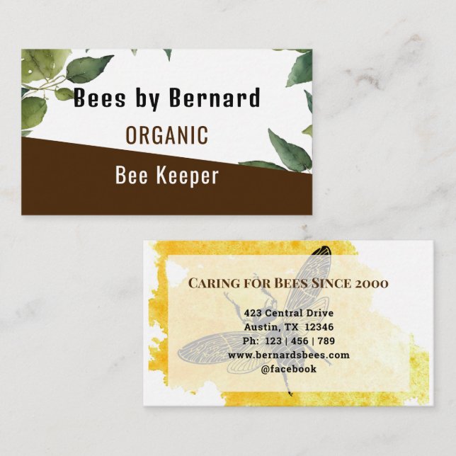 Modern Watercolor Botanical Bee Keeping  Business Card (Front/Back)