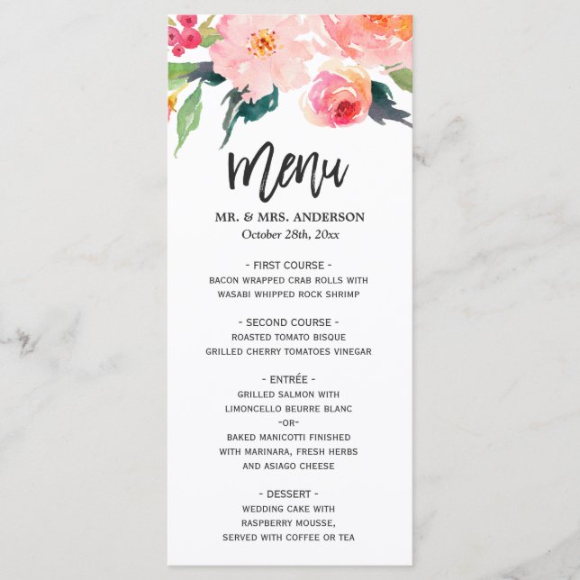 Modern Watercolor Botanical Floral Wedding Menu (Front)