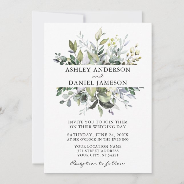 Modern Watercolor Botanical Greenery Wedding Invitation (Front)