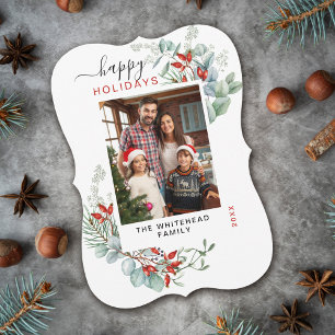 Modern Watercolor Botanical Happy Holiday Photo Card