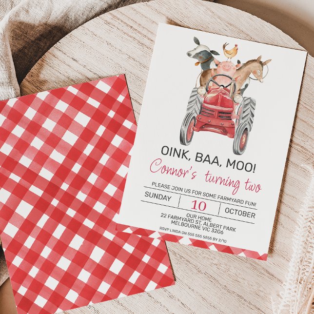 Modern Watercolor Boys Farm Birthday Invitation (Modern farm themed birthday invitation featuring some cute farm animals and red tractor.)