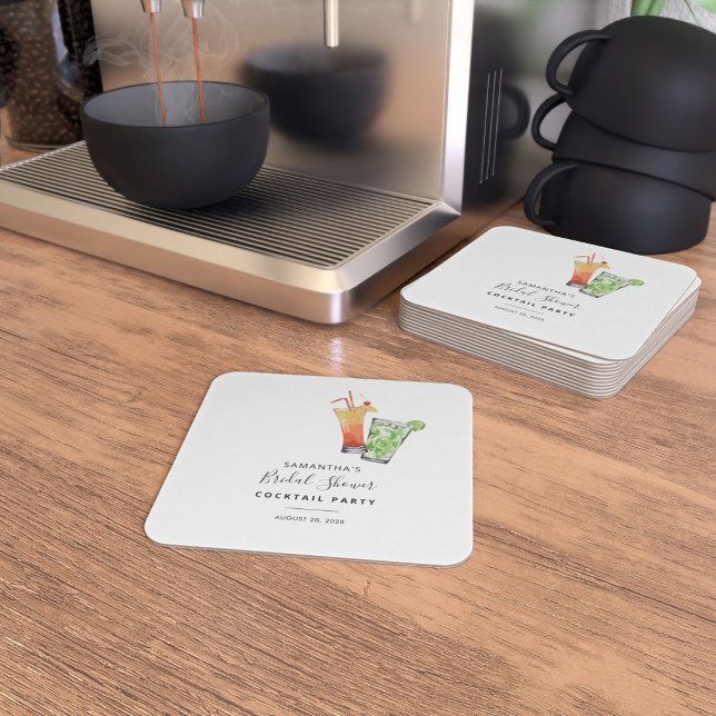 Modern Watercolor Bridal Shower Cocktail Party Square Paper Coaster (Bridal Shower Cocktail Party Coasters)