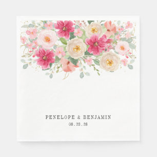 Modern Watercolor Bright Pink Floral Wedding Napkin