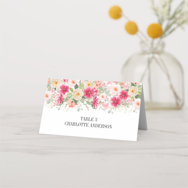 Modern Watercolor Bright Pink Floral Wedding Place Card (Front)