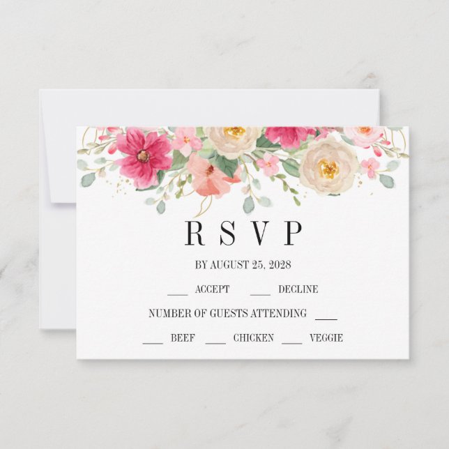 Modern Watercolor Bright Pink Floral Wedding RSVP Card (Front)