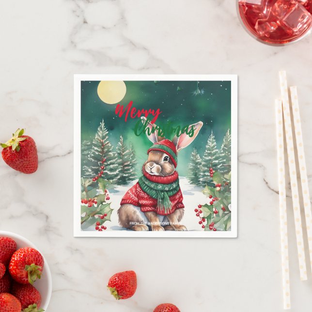 Modern watercolor Bunny rabbit Christmas tree Snow Napkin (Insitu)