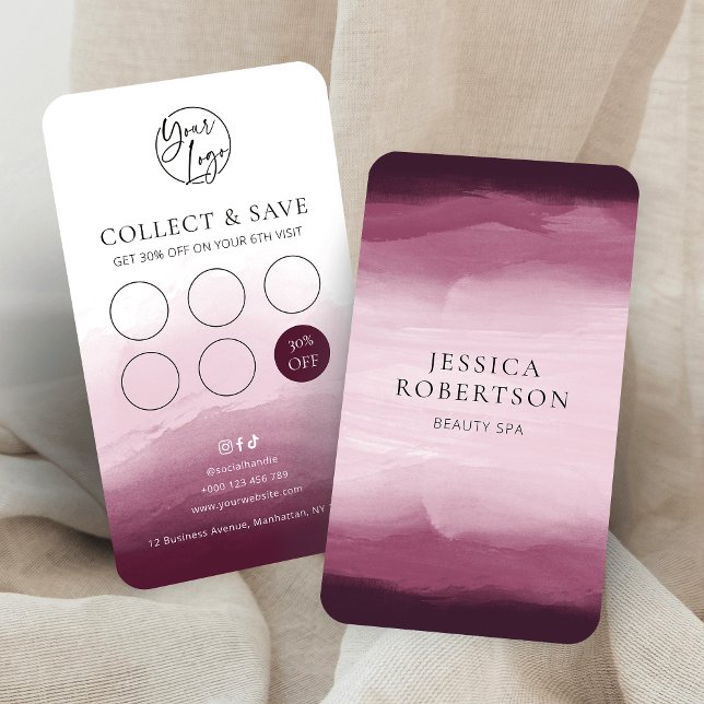 Modern Watercolor Burgundy Beauty Salon Nails Spa Loyalty Card (Burgundy watercolor business loyalty cards with elegant serif fonts, custom discount & your logo)
