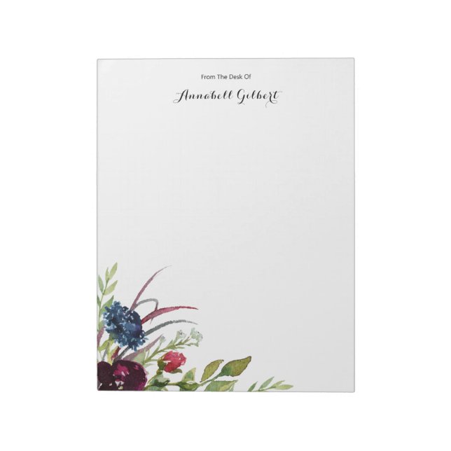 Modern Watercolor Burgundy Blue Floral Greenery Notepad (Rotated)