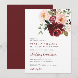 Modern watercolor burgundy & blush floral wedding invitation