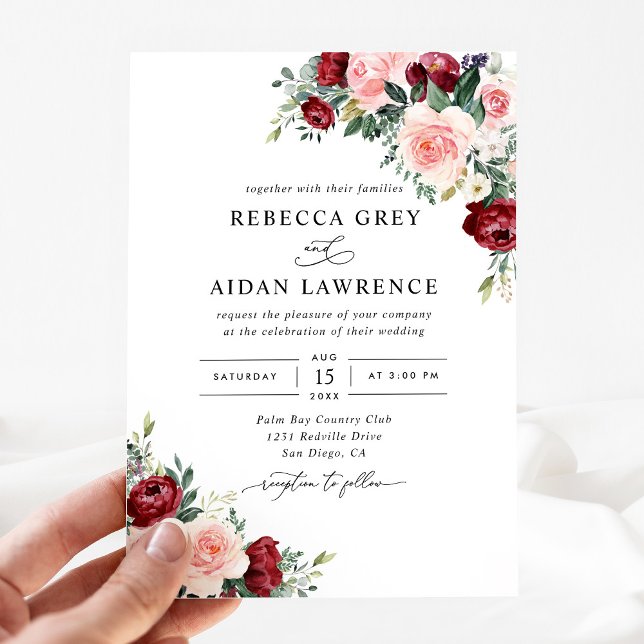 Modern Watercolor Burgundy Blush Floral Wedding Invitation (Creator Uploaded)