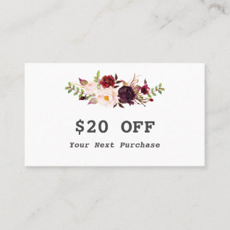 Modern Watercolor Burgundy Floral Makeup Artist Discount Card