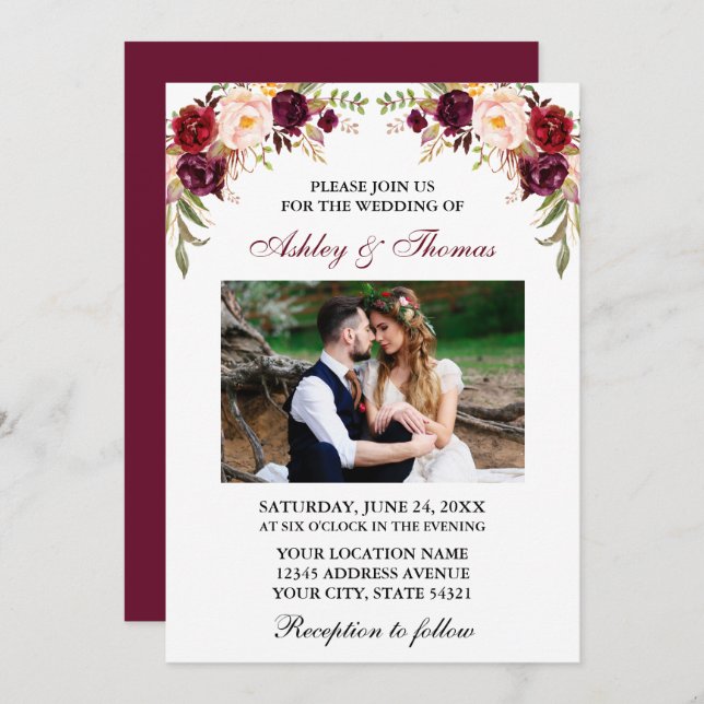 Modern Watercolor Burgundy Floral Photo Wedding Invitation (Front/Back)