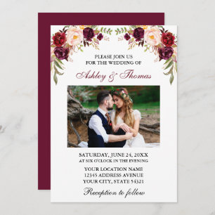 Modern Watercolor Burgundy Floral Photo Wedding Invitation