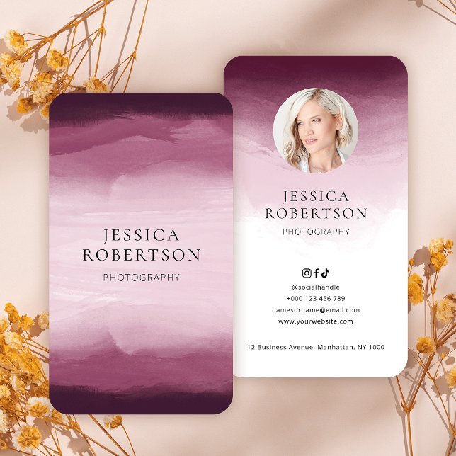 Modern Watercolor Burgundy Pink Photo Elegant Business Card (Elegant profile photo business cards with dark red watercolor background and minimal fonts)