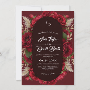 Modern Watercolor Burgundy Red Floral Wedding Invitation