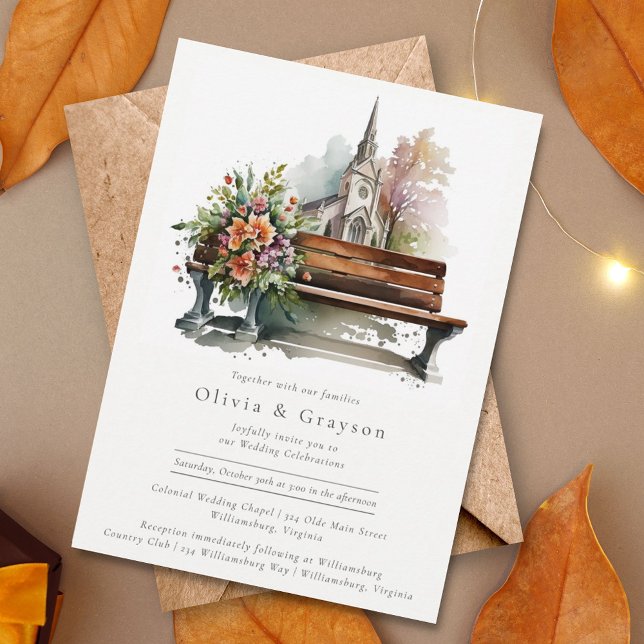 Modern Watercolor Burnt Orange Chapel Wedding  Invitation (Creator Uploaded)