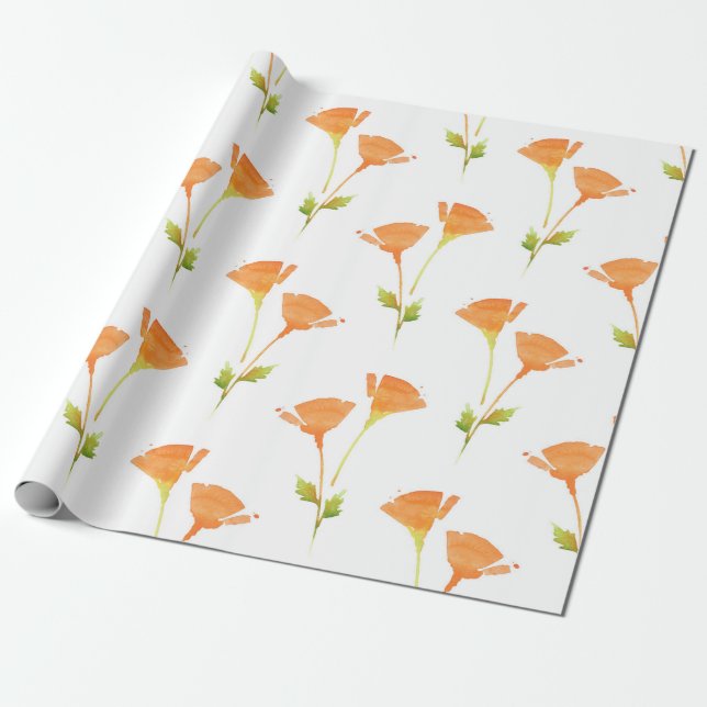 Modern Watercolor California Poppies Pattern  Wrapping Paper (Unrolled)