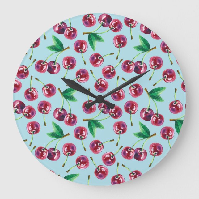 Modern Watercolor Cherries: Juicy Berry Pattern Large Clock (Front)
