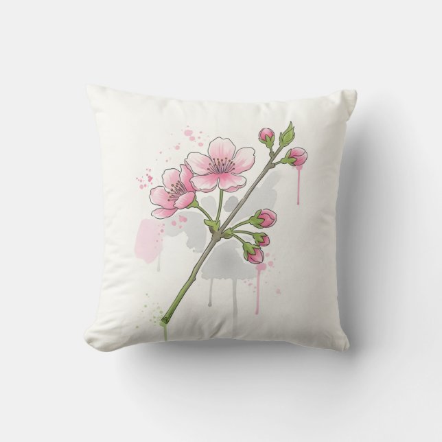 Modern Watercolor Cherry Blossom Branch Cushion (Front)