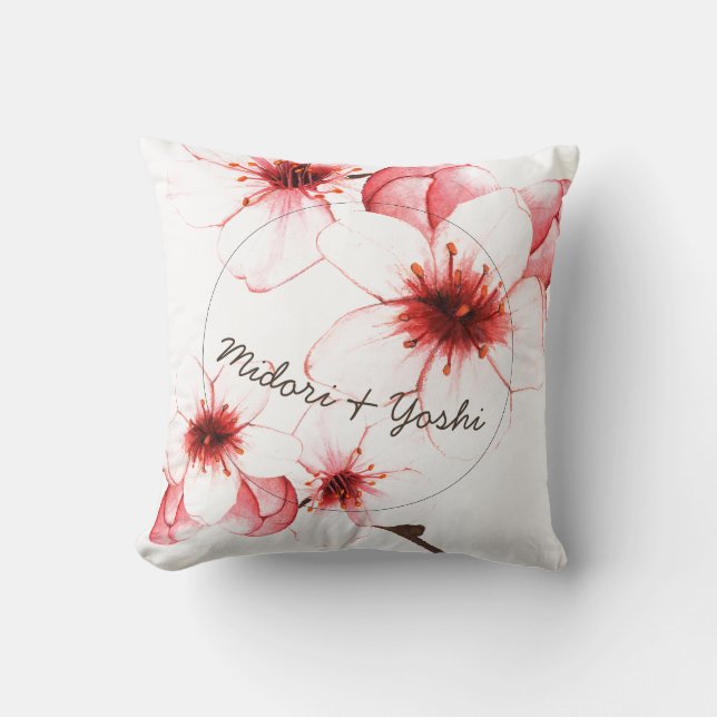 Modern Watercolor Cherry Blossom Wedding Cushion (Front)
