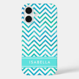 Modern  Watercolor Chevron Pattern Blue and White iPhone 16 Case