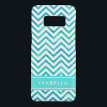 Modern  Watercolor Chevron Pattern Blue and White Case-Mate Samsung Galaxy S8 Case<br><div class="desc">Protect your cell phone in style with this chic modern Samsung Galaxy S8 Case. Cover design features a pretty white and blue green teal chevron zig-zag pattern, turquoise stripe, and your name or other customised text in a simple white typography font. This elegant and trendy phone case makes a stylish...</div>
