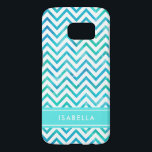Modern  Watercolor Chevron Pattern Blue and White<br><div class="desc">Protect your cell phone in style with this chic modern Samsung Galaxy S7 Case. Cover design features a pretty white and blue green teal chevron zig-zag pattern, turquoise stripe, and your name or other customised text in a simple white typography font. This elegant and trendy phone case makes a stylish...</div>