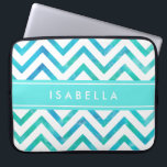 Modern  Watercolor Chevron Pattern Blue and White Laptop Sleeve<br><div class="desc">Protect your laptop in style with this chic modern sleeve.  Design features a pretty aqua teal blue watercolor chevron zig-zag pattern,  turquoise stripe,  and your name  or other customised text in a simple white typography font. This elegant and trendy computer case makes a stylish gift for her.</div>