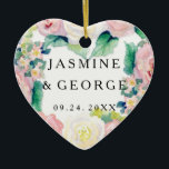 MODERN Watercolor Chic Wide Stripes w Roses Ceramic Tree Decoration<br><div class="desc">A beautiful heart shaped ornament to celebrate your first Christmas together, to announce your engagement as a "Save the Date, " for an anniversary or to give as a thank you gift to parents, family or friends that have helped you with your wedding or bridal shower. Matching Wedding Invitation Set...</div>