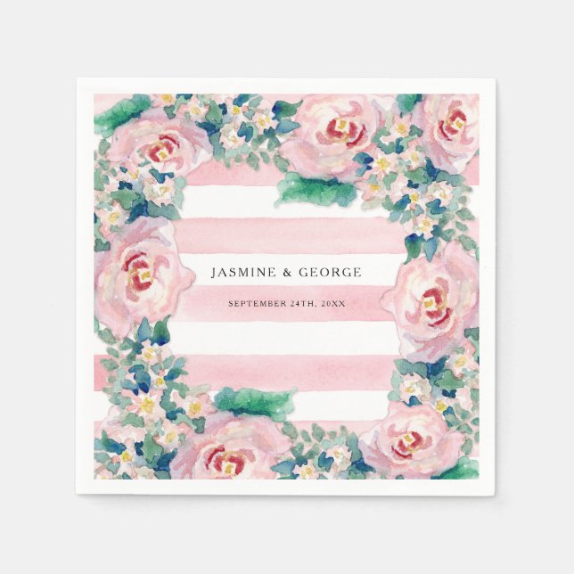 MODERN Watercolor Chic Wide Stripes w Roses Napkin (Front)