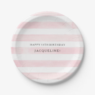 MODERN Watercolor Chic Wide Stripes w Roses Paper Plate