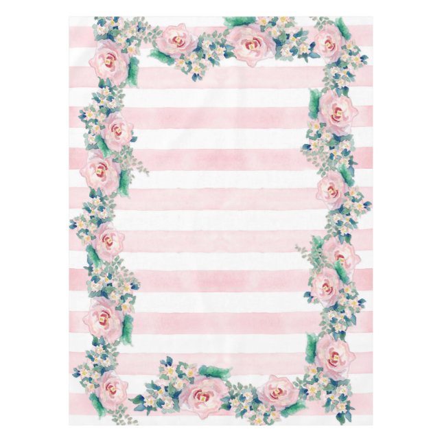 MODERN Watercolor Chic Wide Stripes w Roses Tablecloth (Front)