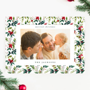modern watercolor christmas botanical frame holiday card