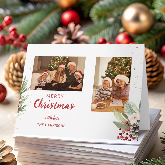 Modern Watercolor Christmas Botanical Two-Photo  Card (Creator Uploaded)