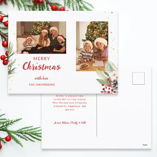 Modern Watercolor Christmas Botanical Two-Photo  Holiday Postcard