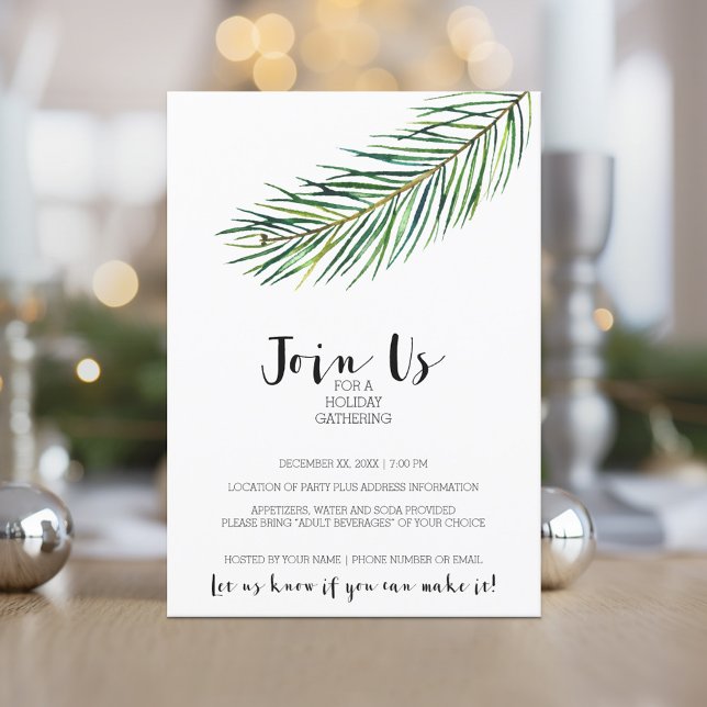 Modern Watercolor Christmas Branch Holiday Invitation (Holiday Invitation - Corporate Open House - Minimal Pine Branch Modern Calligraphy)