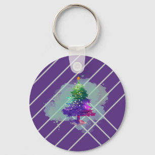Modern Watercolor Christmas colourful Pine Tree Key Ring