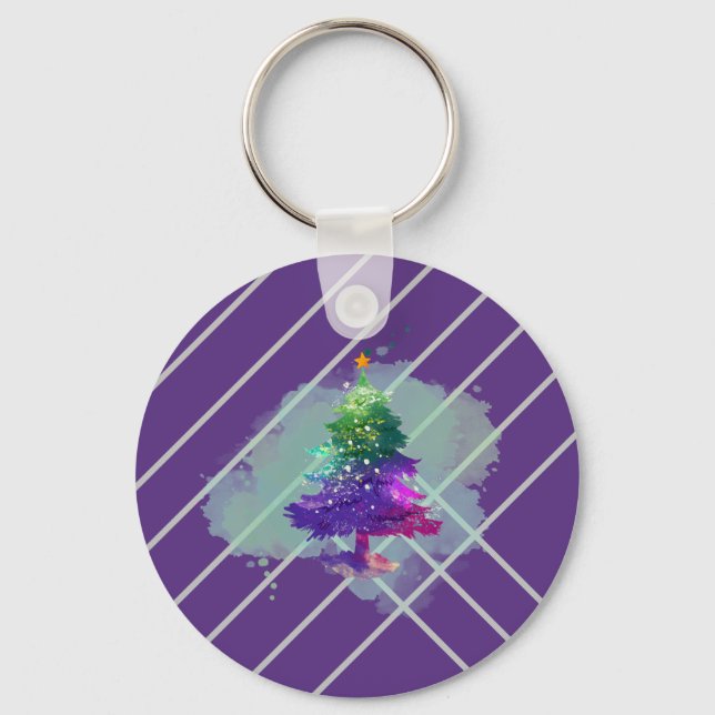 Modern Watercolor Christmas colourful Pine Tree Key Ring (Front)