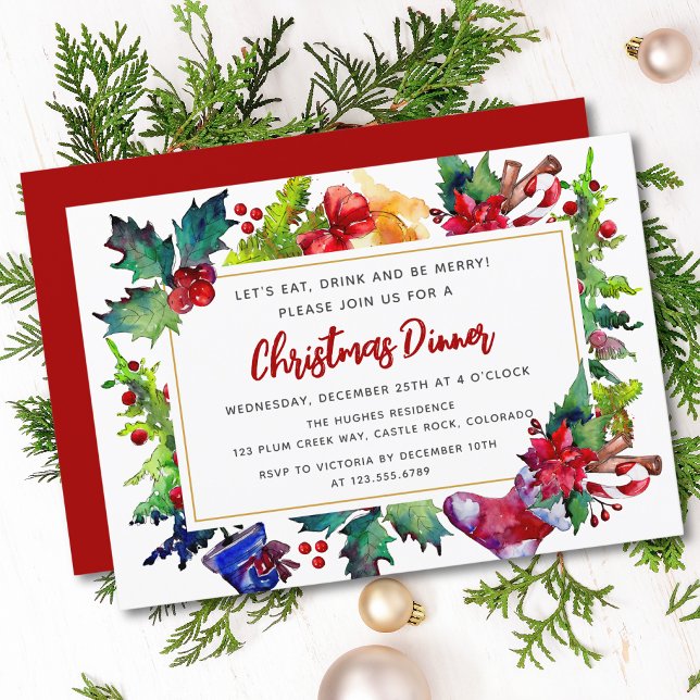 Modern Watercolor Christmas Dinner Party Invitation (Creator Uploaded)