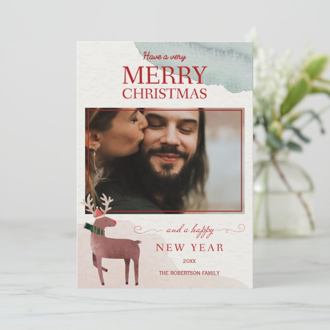 Modern Watercolor Christmas Family Photo  Holiday Card (Standing Front)