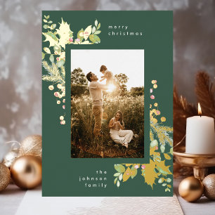 Modern Watercolor Christmas Florals Green and Gold
